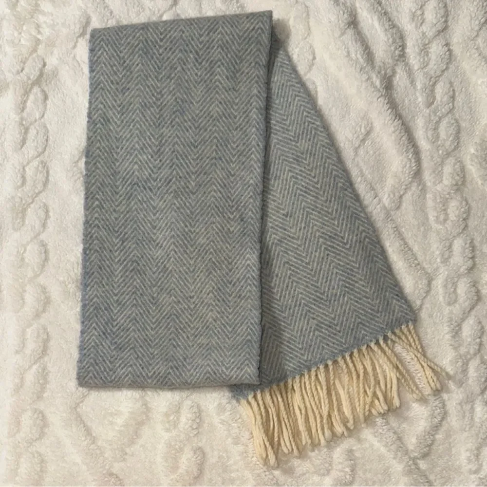 LRL Blue Beige Classic Zigzag Knit Lambs Wool Scarf